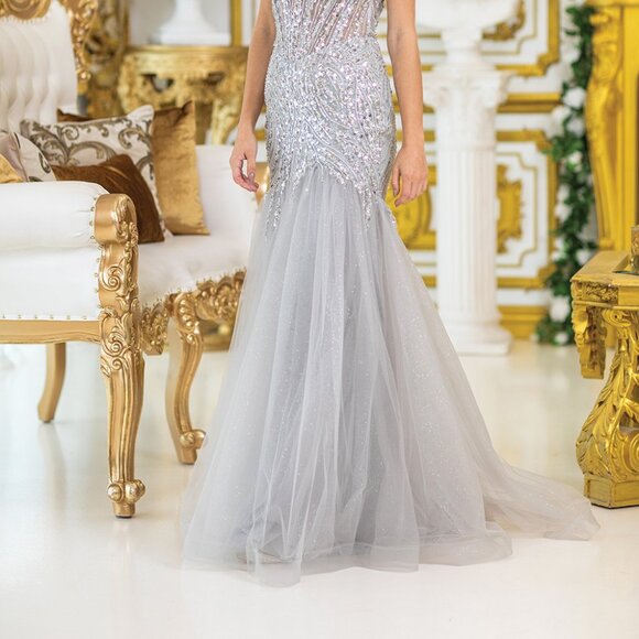 New Strapless Sequins Embellihsed Prom Dress w/ Deep V-Neck & Leg Slit DQ 4468 - Picture 9 of 9